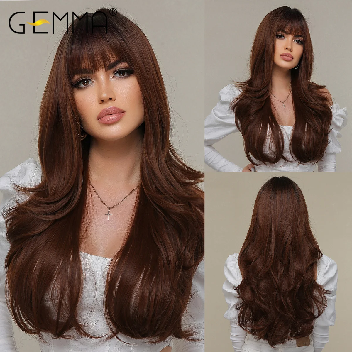 

GEMMA Long Ombre Brown Wine Red Wave Synthetic Wigs with Bangs Cosplay Wavy Wig for Women High Temperature Natural Fake Hair Wig