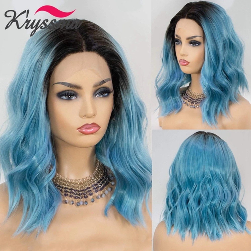 

Blue Bob Wig Synthetic Short Wavy Lace Front Wigs With Pre Plucked Hairline Glueless Ombre Purple Pink Brown Blonde Cosplay Hair