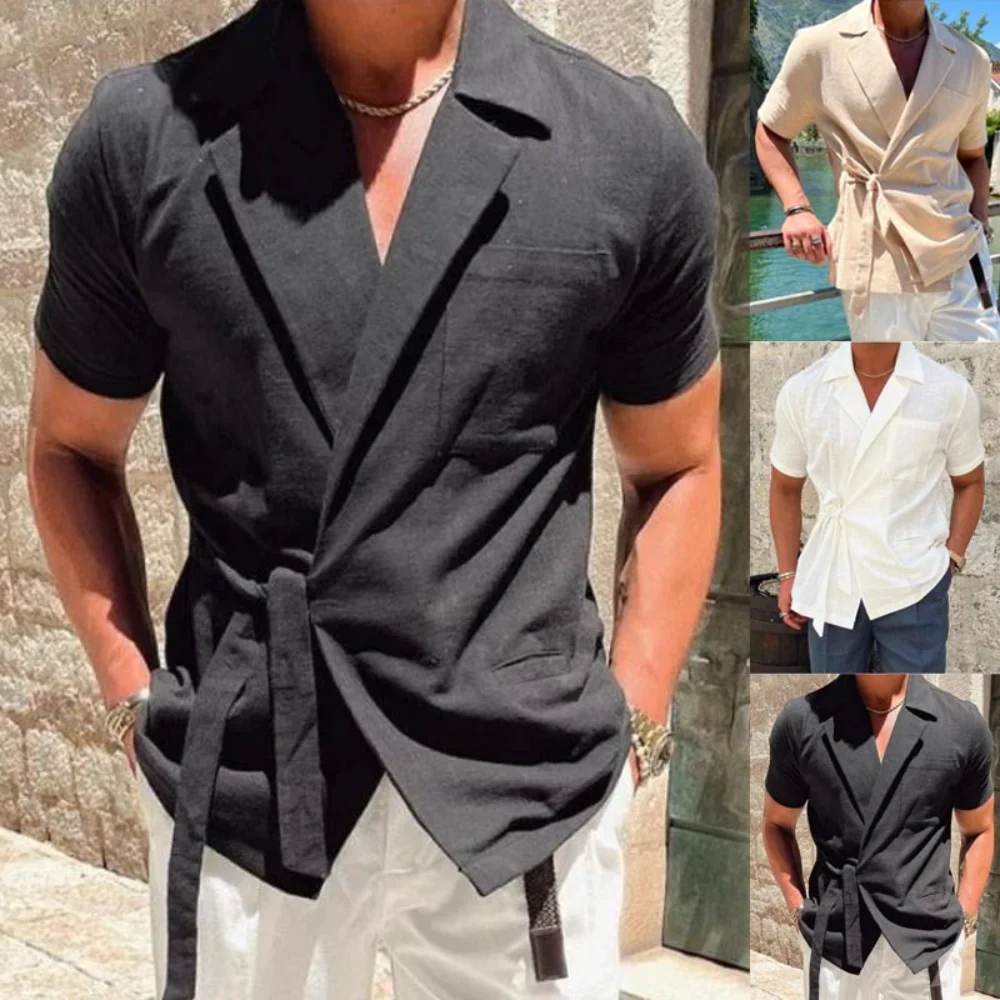 2023 Summer Men's Shirts Solid Color Linen Suit Lapels Lace Up Short Sleeve Shirt Solid Color Male Tops
2023 Summer Men's Shirts Solid Color Linen Suit Lapels Lace Up Short Sleeve Shirt Solid Color Male Tops