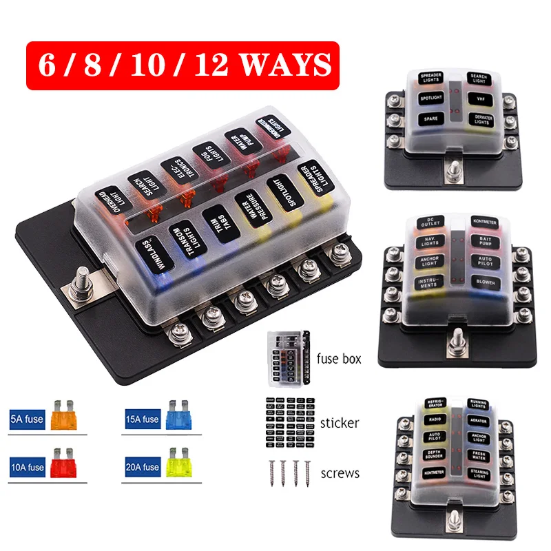 12V 32V Fuse Box Holder 6 /8 /10 12Ways Blade Fuse Block Box LED Indicator Light With Plastic Cover M5 Stud For Car Boat Marine
12V 32V Fuse Box Holder 6 /8 /10 12Ways Blade Fuse Block Box LED Indicator Light With Plastic Cover M5 Stud For Car Boat Marine