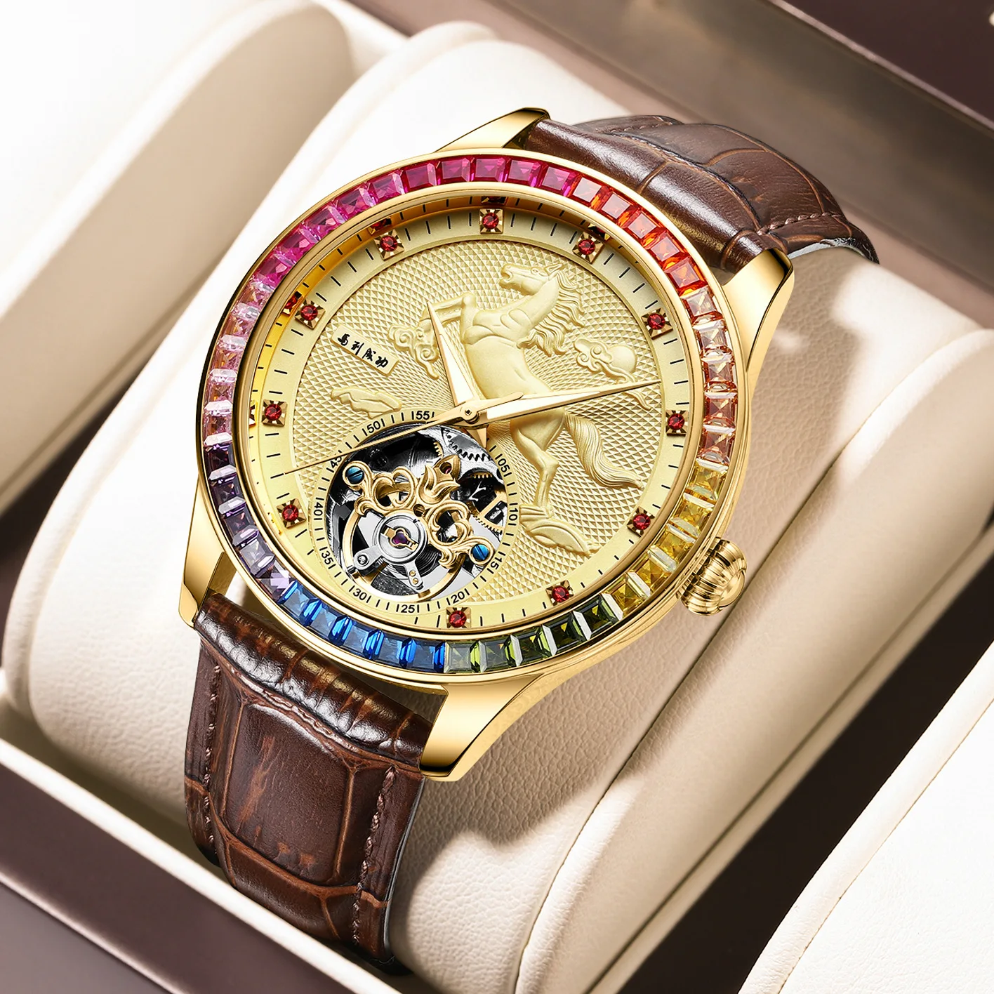 High Quality Tourbillion Automatic Watches Carving Horse Success Engraved Dial Rainbow Colorful Diamond Rhinestone Wristwatch
High Quality Tourbillion Automatic Watches Carving Horse Success Engraved Dial Rainbow Colorful Diamond Rhinestone Wristwatch