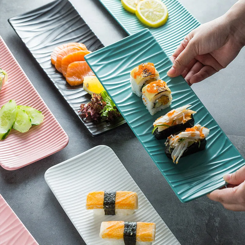 

Nordic Ceramic Rectangular Sushi Long Plate Dessert Cake Snack Pastry Western Food Salmon Sashimi Grilled Chicken Wings Plate