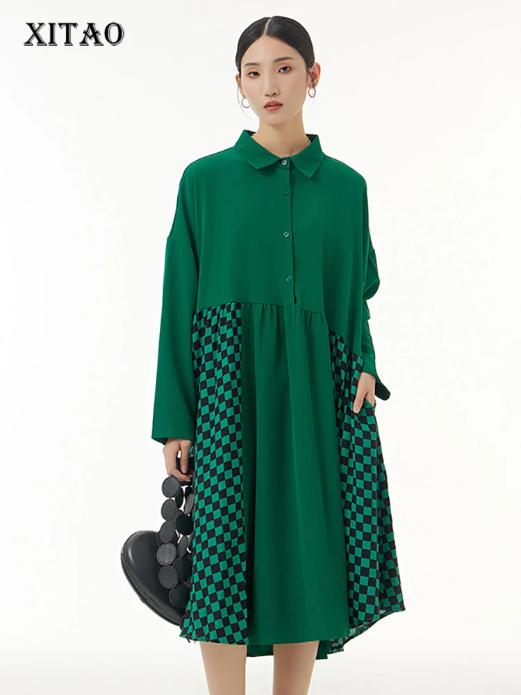

XITAO Fashion Casual Loose Shirt Dress Irregular Folds Spicing Small Square Hem Autumn New Long Sleeve Women Dress ZY7832
