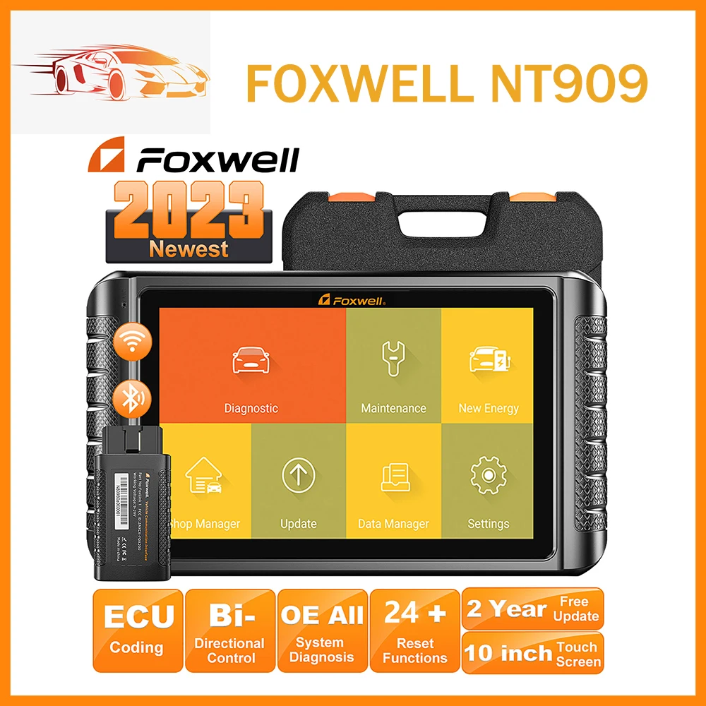 

FOXWELL NT909 OBD2 Bluetooth Bi-Directional Scan Tool ECU Coding 24+ Resets All System Car Diagnostic Scanner Upgraded NT809BT