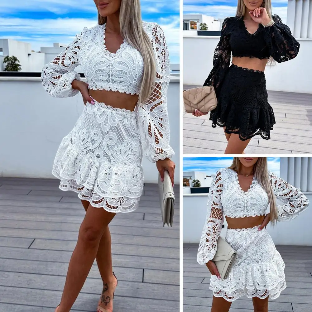 

Skirt Set Guipure Patch with Cami Lace Embroidery Suit Women Matching Sets White Crop Top Mini Skirt Sexy Slim Two Piece Sets