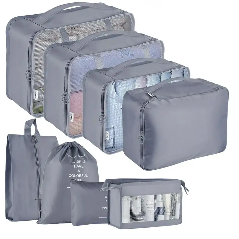 

Foldable Gray 8Pcs Travel Suitcase Organizer Set with Lightweight Luggage Storage Bag - Perfect for Traveling and Packing Cubes