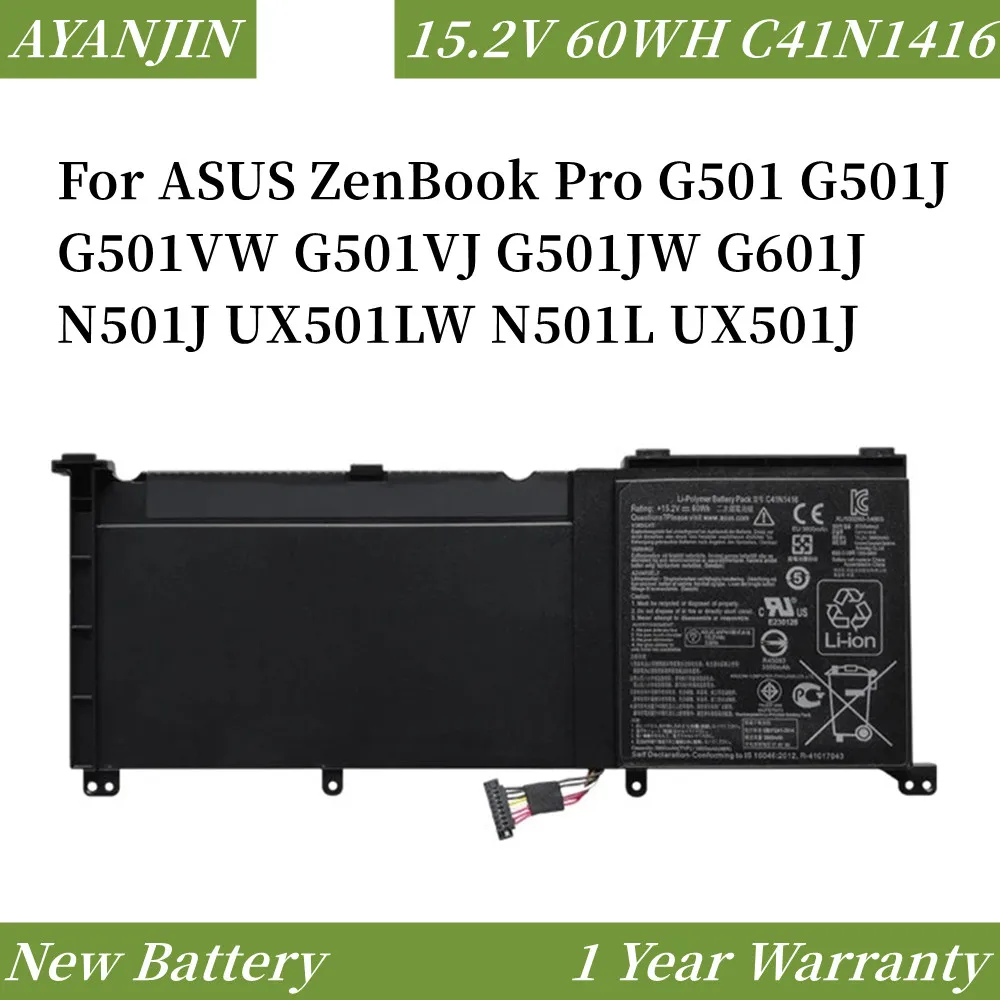 C41N1416 15,2 V 60WH Аккумулятор для ноутбука ASUS ZenBook Pro G501 G501J G501VW G501VJ G501JW G601J N501J UX501LW N501L UX501J Series
C41N1416 15,2 V 60WH Аккумулятор для ноутбука ASUS ZenBook Pro G501 G501J G501VW G501VJ G501JW G601J N501J UX501LW N501L UX501J Series