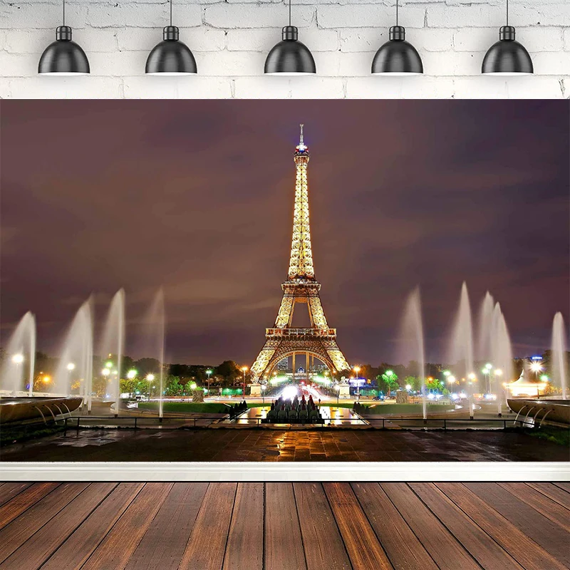 

Eiffel Tower Photography Backdrop Paris City Night Fountain Background For French Landmark Wedding Party Decoration Photo Booth