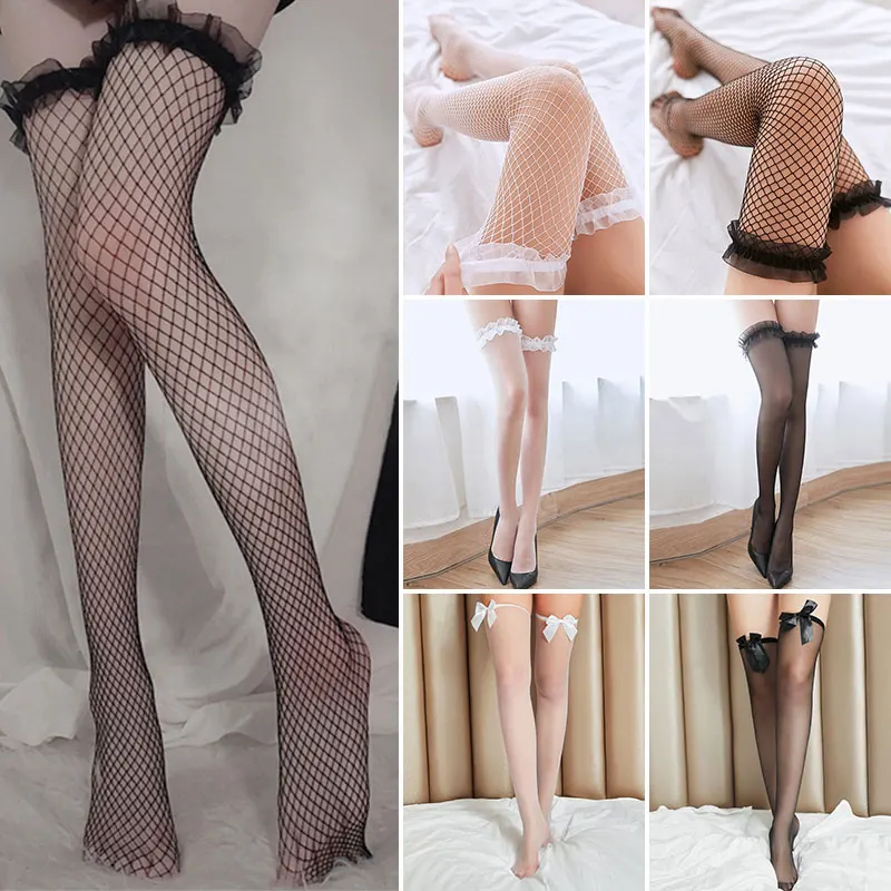 

Сексуальные кружевные Гольфы выше колена, женские ажурные чулки выше колена, однотонные ультратонкие чулки в японском стиле Лолита