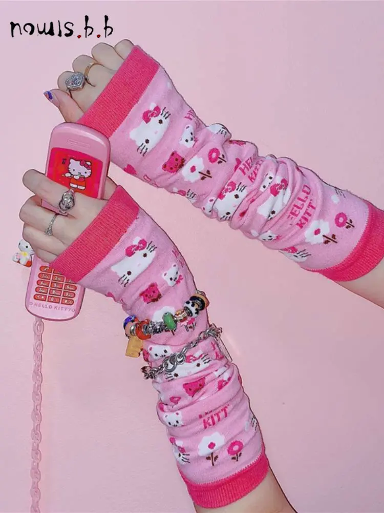 

NOWISBB Fingerless Gloves Pink Warm Elastic Leg Warmers Pink Arm Sleeves Wrist Cuffs Oversleeves KT Cat Y2K Cute Gloves Lolita