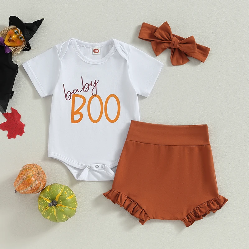 Одежда на Хэллоуин для новорожденных девочек, комбинезоны с коротким рукавом и буквенным принтом, шорты с оборками и высокой талией, повязка на голову, праздничный наряд, 2023 
Одежда на Хэллоуин для новорожденных девочек, комбинезоны с коротким рукавом и буквенным принтом, шорты с оборками и высокой талией, повязка на голову, праздничный наряд, 2023