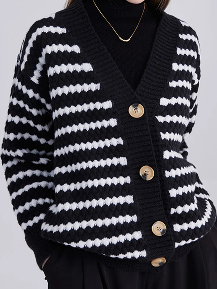 

Женский вязаный кардиган EVNISI в полоску, свитер с V-образным вырезом, однобортный Повседневный свободный плотный свитер, пальто для женщин, Осень-зима 2023