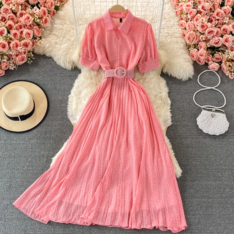 Summer Korean Puff Sleeve Lapel Pleated Polka Dot Dress Waist Is Thin and Big Swing Long Dress Short Sleeve
Summer Korean Puff Sleeve Lapel Pleated Polka Dot Dress Waist Is Thin and Big Swing Long Dress Short Sleeve