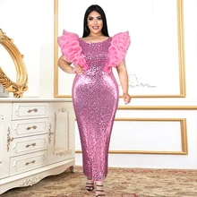 Lady Sequin Pink Dress Elegant Dress Women For Wedding Party 2023 Patchwork Mesh Ruffles Butterfly Sleeve Sparkly Bodycon Dress