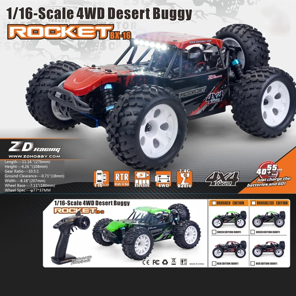 

ZD Racing DTK-16 DTK16 2.4GHZ 1/16 Scale 4WD RTR Brushless/Brushed 55km/h Desert Remote Control Racing Car Off-road Truck Buggy