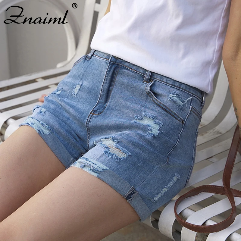 

Znaiml Classic Vintage Rolled Women's Cotton Elasitc Denim Shorts High Waist Blue Wide Leg Female Caual Summer Mom Short Jeans