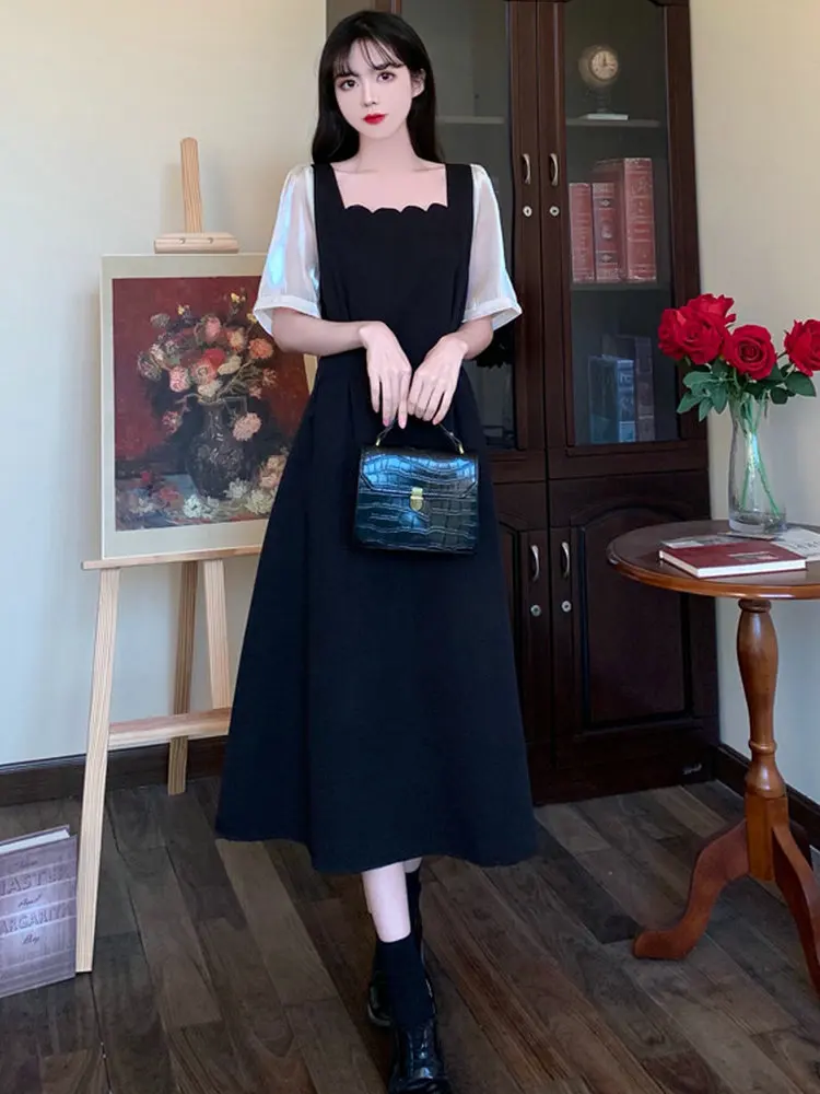 French Style Women Black Dresses White Pearl Color Patchwork Design Square Collar Short Sleeve Calf Length Straight One Piece
French Style Women Black Dresses White Pearl Color Patchwork Design Square Collar Short Sleeve Calf Length Straight One Piece