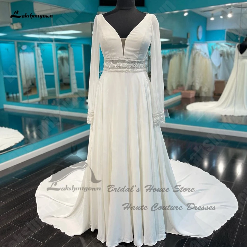

Lakshmigown свадебные платья в стиле бохо с длинным рукавом ТРАПЕЦИЕВИДНОЕ ПЛАТЬЕ 2023 длинное простое пляжное шифоновое свадебное платье с глубоким V-образным вырезом