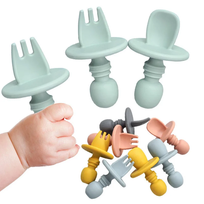 

BAP Free Food Grade Infant Mini Silicone Tableware Set Baby Soft Kitchen Accession Fork Spoon Kids Portable Soild Color TeaSpoon