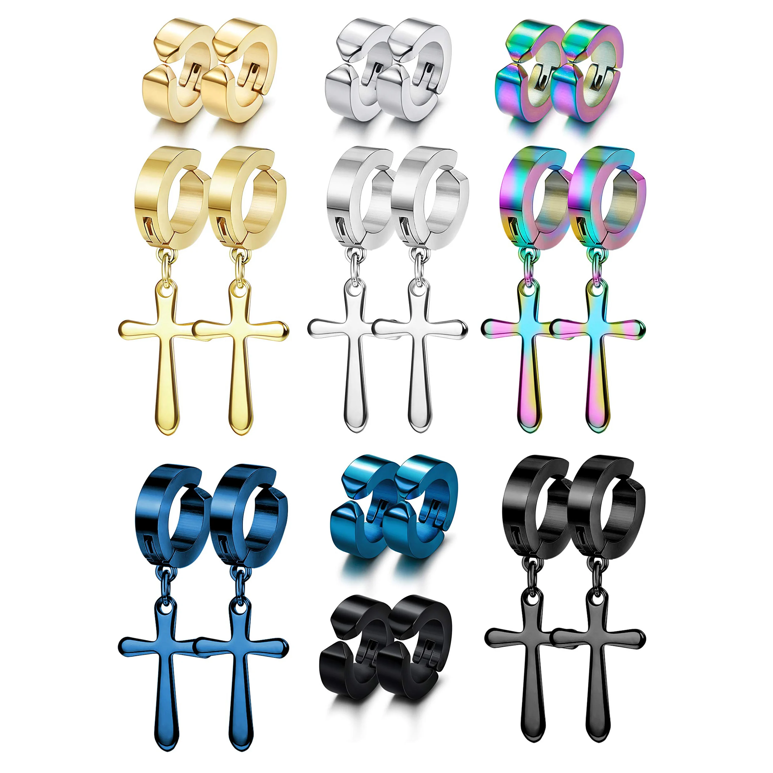 10 Pairs Stainless Steel Hoop Cross Non Piercing Earrings Men Women Huggie Cross Dangle Earring Clip On Fake Gauges Earring Set 
10 Pairs Stainless Steel Hoop Cross Non Piercing Earrings Men Women Huggie Cross Dangle Earring Clip On Fake Gauges Earring Set