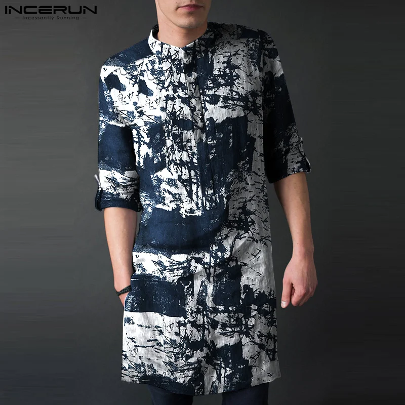 

INCERUN 2023 Stylish Muslim Style New Men's Robe Vintage Ink Painting Standing Neck Robe Medium Length Medium Sleeve Robe S-5XL