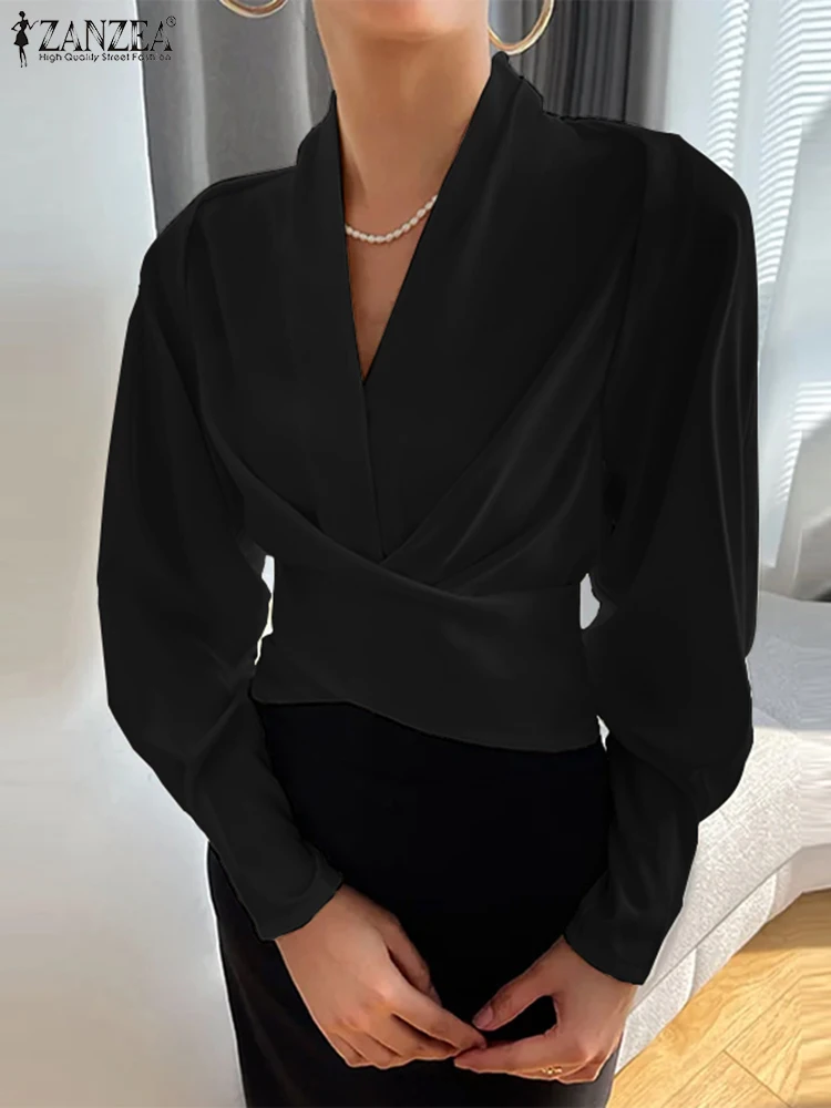 

ZANZEA 2023 New Waisted Short Tops Fashion Wrapped Blouses Women Elegant Long Cuff Puff Sleeve V Neck Blusas Irregular Shirts