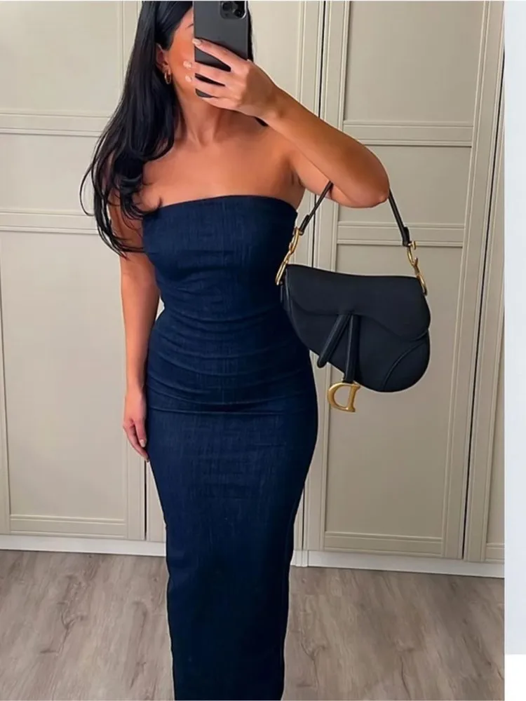 Blue Denim Strapless Backless Zipper Back Split Dress Sexy Sleeveless Wrap Buttock Long Dress Women High Street Fashion Dresses
Blue Denim Strapless Backless Zipper Back Split Dress Sexy Sleeveless Wrap Buttock Long Dress Women High Street Fashion Dresses