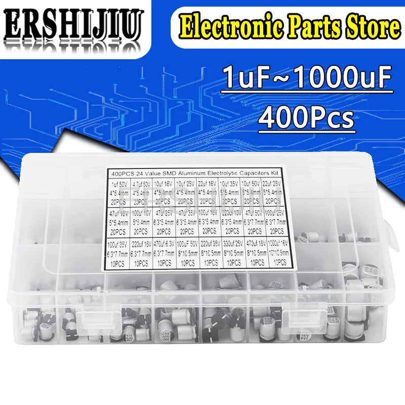 1uF~1000uF 6.3V-50V 400Pcs 24Value SMD Aluminum Electrolytic Capacitors Assortment Kit + Box
1uF~1000uF 6.3V-50V 400Pcs 24Value SMD Aluminum Electrolytic Capacitors Assortment Kit + Box