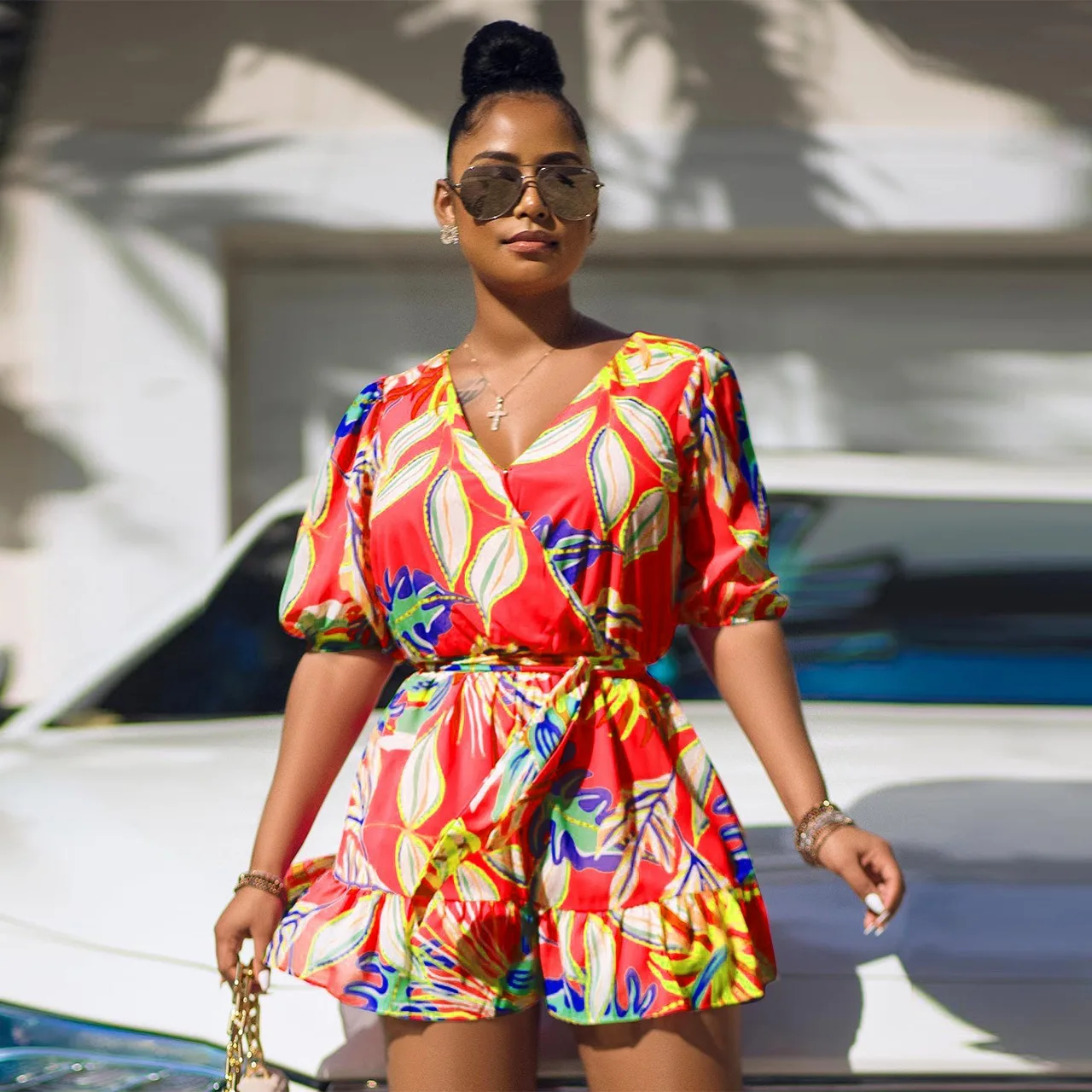 Women Floral Print Beachwear Outfits Romper Summer Boho Dressy V Neck Short Sleeve Ruffle Hem Jumpsuit Slim Rompers with Belt
Women Floral Print Beachwear Outfits Romper Summer Boho Dressy V Neck Short Sleeve Ruffle Hem Jumpsuit Slim Rompers with Belt