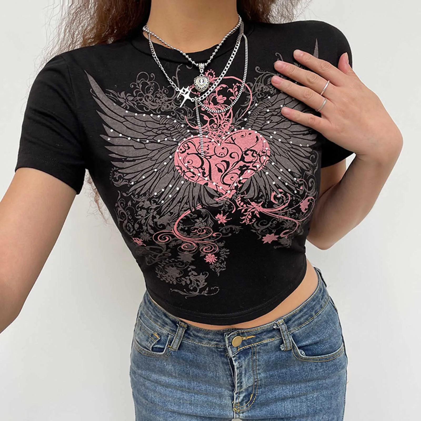 Gothic Crop Top Women Summer Short Sleeve Tshirt Sexy Casual Skinny O-neck Angel Printed Slim Cropped Top Y2k Clothes Black
Gothic Crop Top Women Summer Short Sleeve Tshirt Sexy Casual Skinny O-neck Angel Printed Slim Cropped Top Y2k Clothes Black