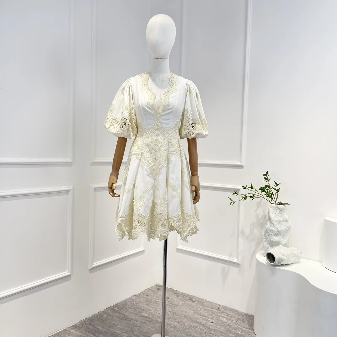 Latest High Quality Elegant Patchwork Lace Tiggy Hollow Out Half Lantern Sleeve High Waist Mini Dress for Women
Latest High Quality Elegant Patchwork Lace Tiggy Hollow Out Half Lantern Sleeve High Waist Mini Dress for Women