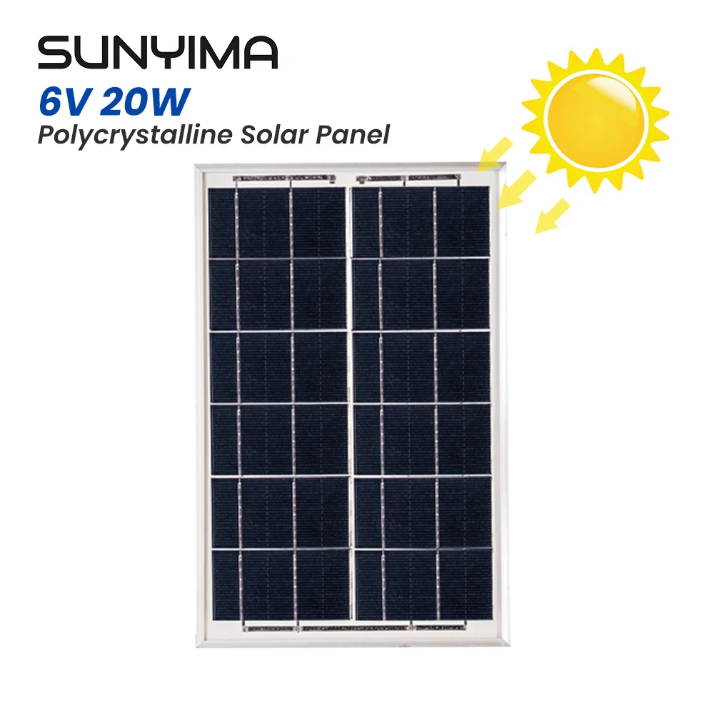

SUNYIMA 450*350MM 6V 20W Solar Panel Glass Rechargeable Photovoltaic Module Polycrystalline A pole Aluminum Frame Laminate