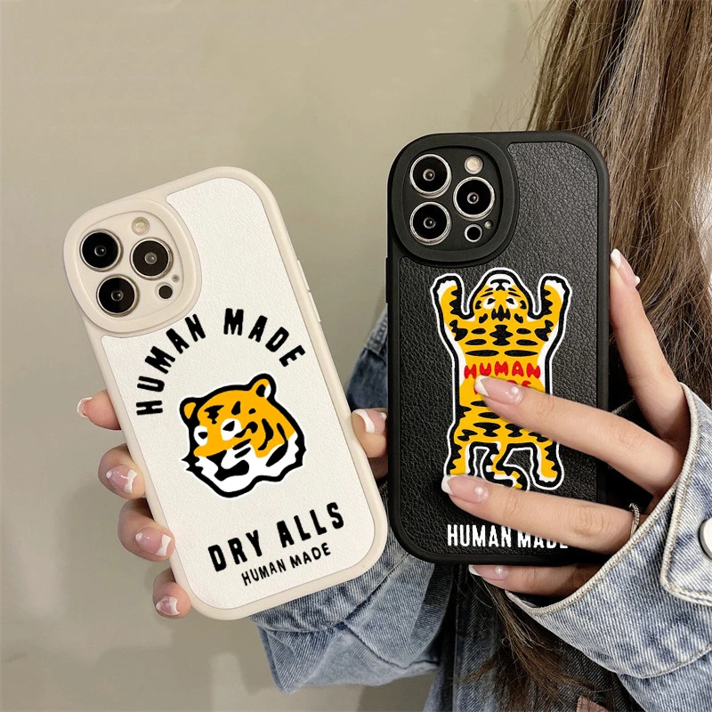 

Cartoon Street Trend Culture Brand HUMAN MADE Tiger Leather Phone Case For iPhone 11 14 13mini 12Pro XSMax XR SE2022 8Plus Cover
