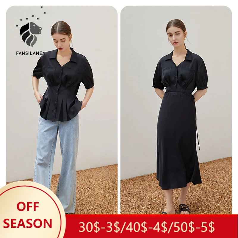 FSLE Office Lady Shirt Female Lapel Waist Black Short-sleeved Shirt 2021 Summer New Style V-neck Simple Casual Women Top
FSLE Office Lady Shirt Female Lapel Waist Black Short-sleeved Shirt 2021 Summer New Style V-neck Simple Casual Women Top