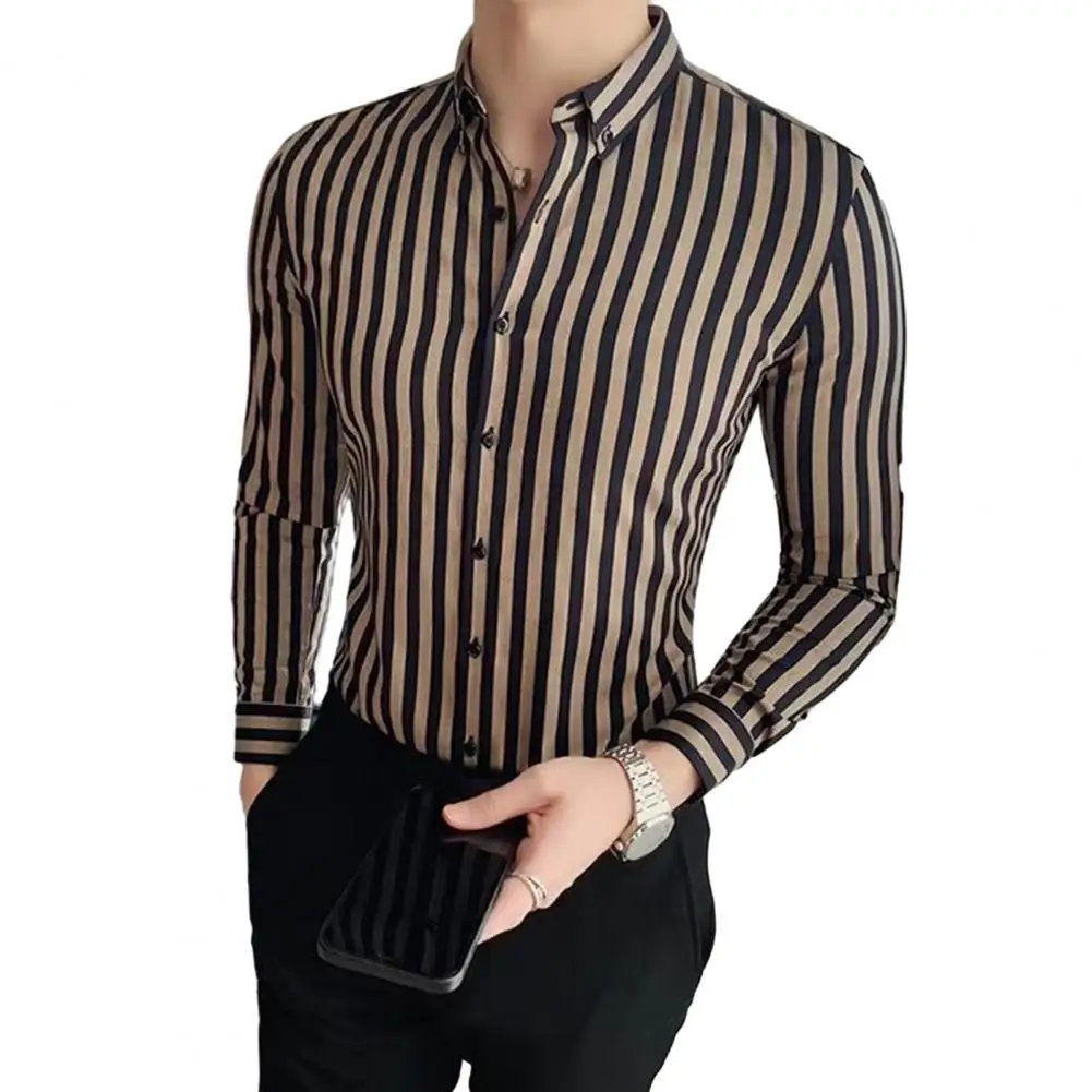 

Мужская приталенная рубашка в полоску, однобортная мягкая деловая рубашка контрастных цветов с воротником-стойкой и длинными рукавами, весна-осень