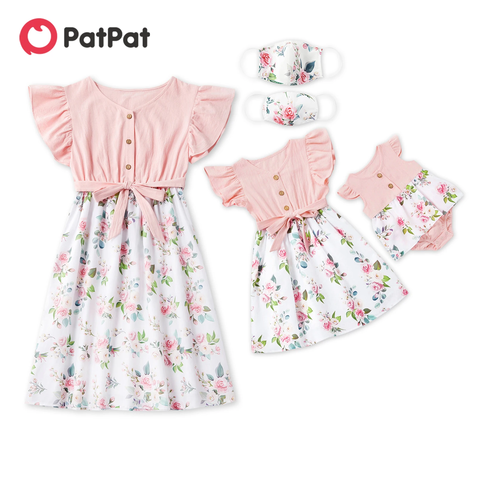 

PatPat Mosaic Flutter-sleeve Pink Stitching White Floral Matching Midi Dresses Mother Daughter Flower Dresses