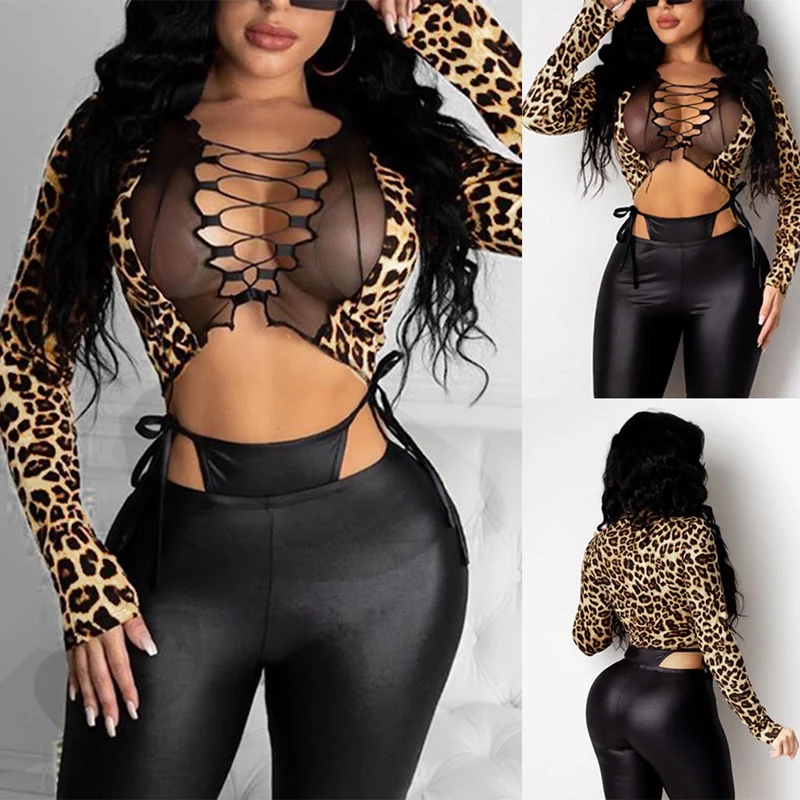 Женская Кружевная футболка с леопардовым принтом, V-образным вырезом и длинным рукавом 
Женская Кружевная футболка с леопардовым принтом, V-образным вырезом и длинным рукавом