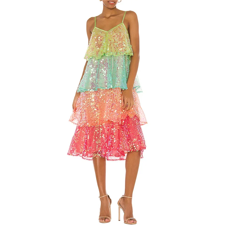 Women's Summer Midi Dress, Glitter Sequin Spaghetti Strap V-Neck Layered Ruffle Dress
Women's Summer Midi Dress, Glitter Sequin Spaghetti Strap V-Neck Layered Ruffle Dress