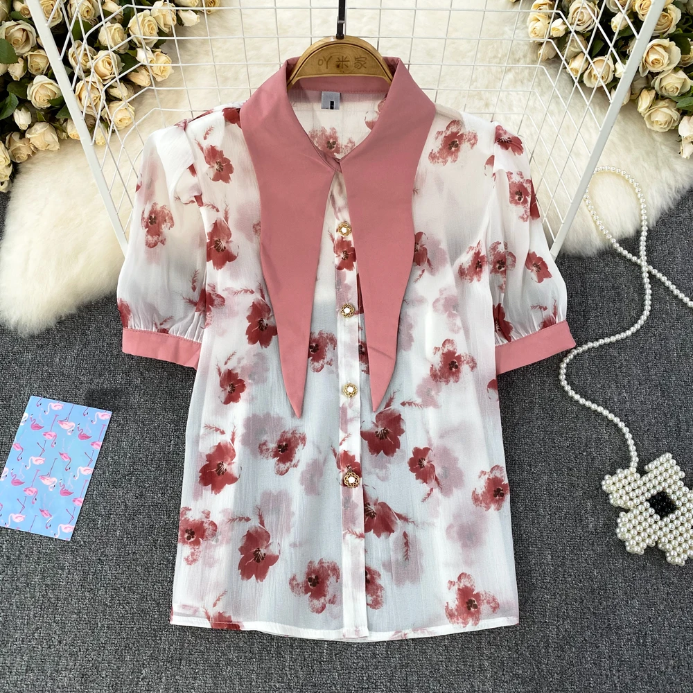 Summer New Turn Down Collar Puff Short Sleeve Contrast Color Single Breasted Loose Printed Shirt Women's Casual Blouse
Summer New Turn Down Collar Puff Short Sleeve Contrast Color Single Breasted Loose Printed Shirt Women's Casual Blouse