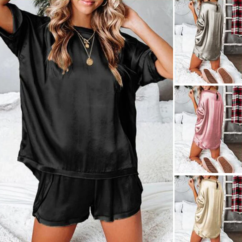 Summer Imitated Silk Pajamas Set Lady Sleepwear Solid Color Short Sleeve Round Neck Pocket T-shirt Shorts Irregular Two JAN88
Summer Imitated Silk Pajamas Set Lady Sleepwear Solid Color Short Sleeve Round Neck Pocket T-shirt Shorts Irregular Two JAN88
