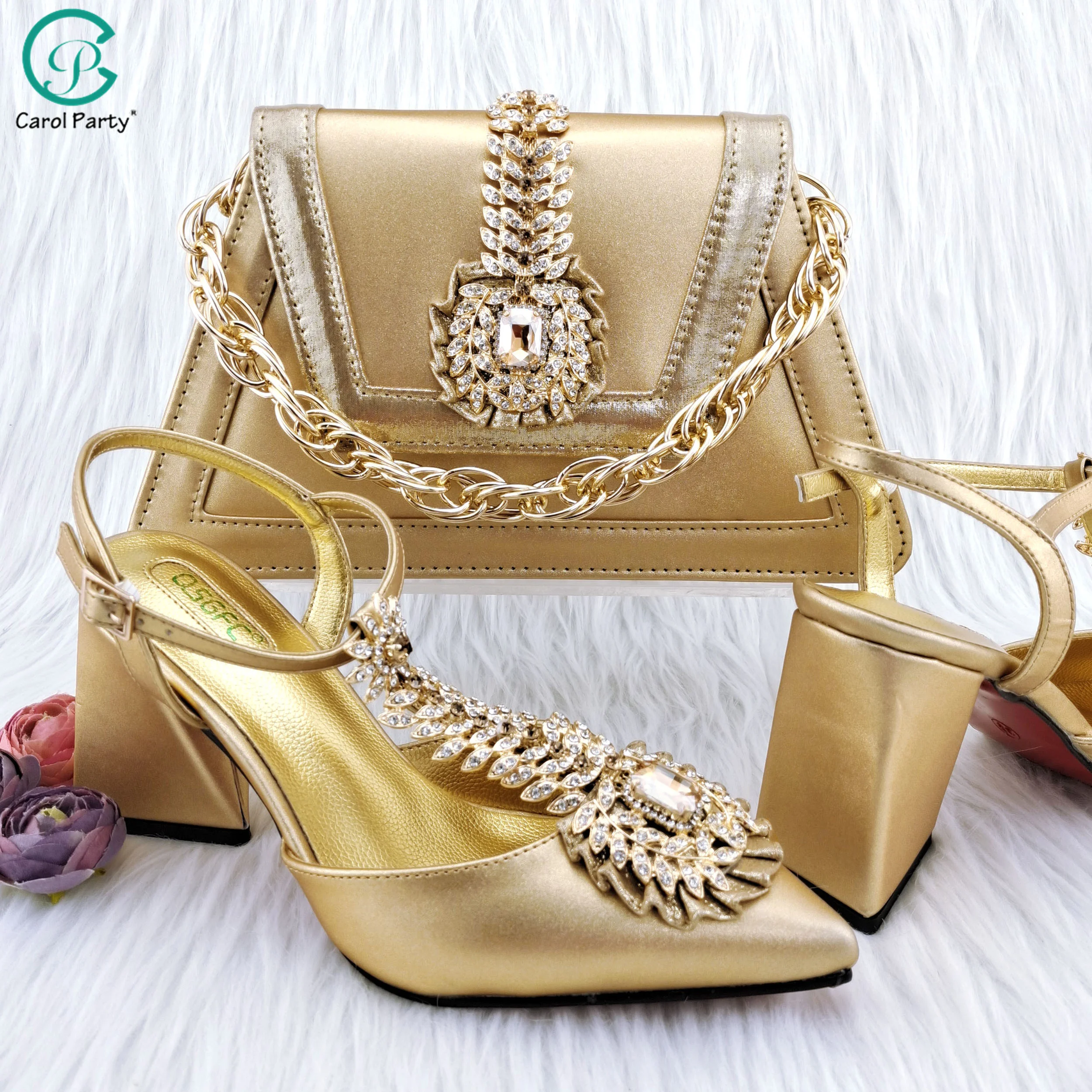 

QSGFC Shiny Diamond Three-Dimensional Women's Bag With High-Heeled Shoes Italian Popular Design African Ladies Shoes Bag set