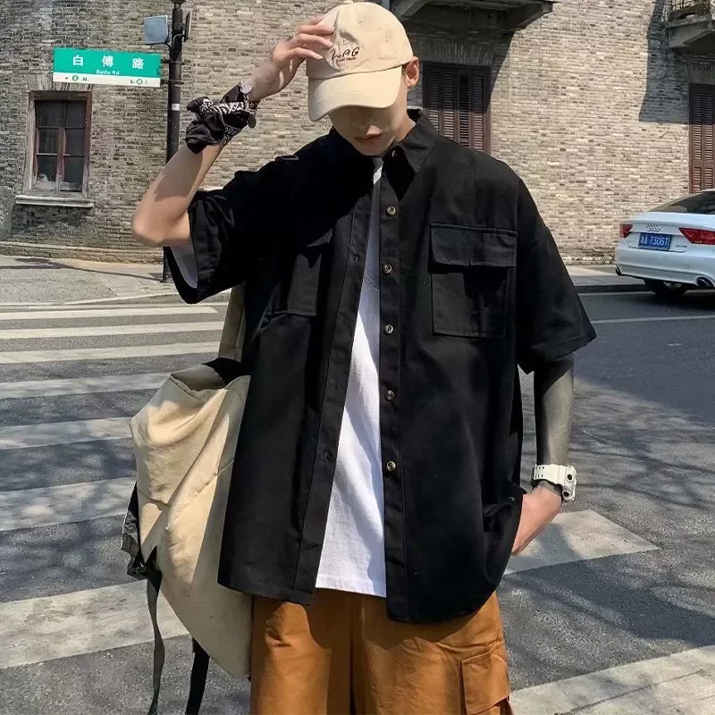Tooling short-sleeved shirt men's summer casual Japanese ruffian handsome shirt Hong Kong style retro high street tops
Tooling short-sleeved shirt men's summer casual Japanese ruffian handsome shirt Hong Kong style retro high street tops