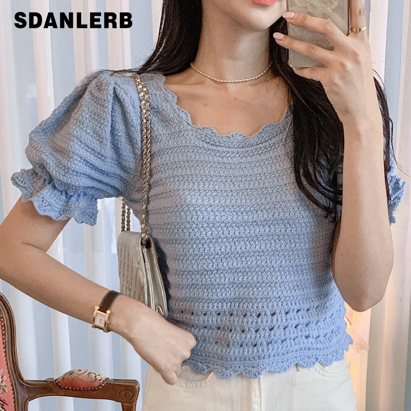 Solid Color Backless Hollow Out T Shirt Puff Short Sleeve Knitwear Tops Women's Summer New Niche Short Sleeve Chic Short T-shirt 
Solid Color Backless Hollow Out T Shirt Puff Short Sleeve Knitwear Tops Women's Summer New Niche Short Sleeve Chic Short T-shirt