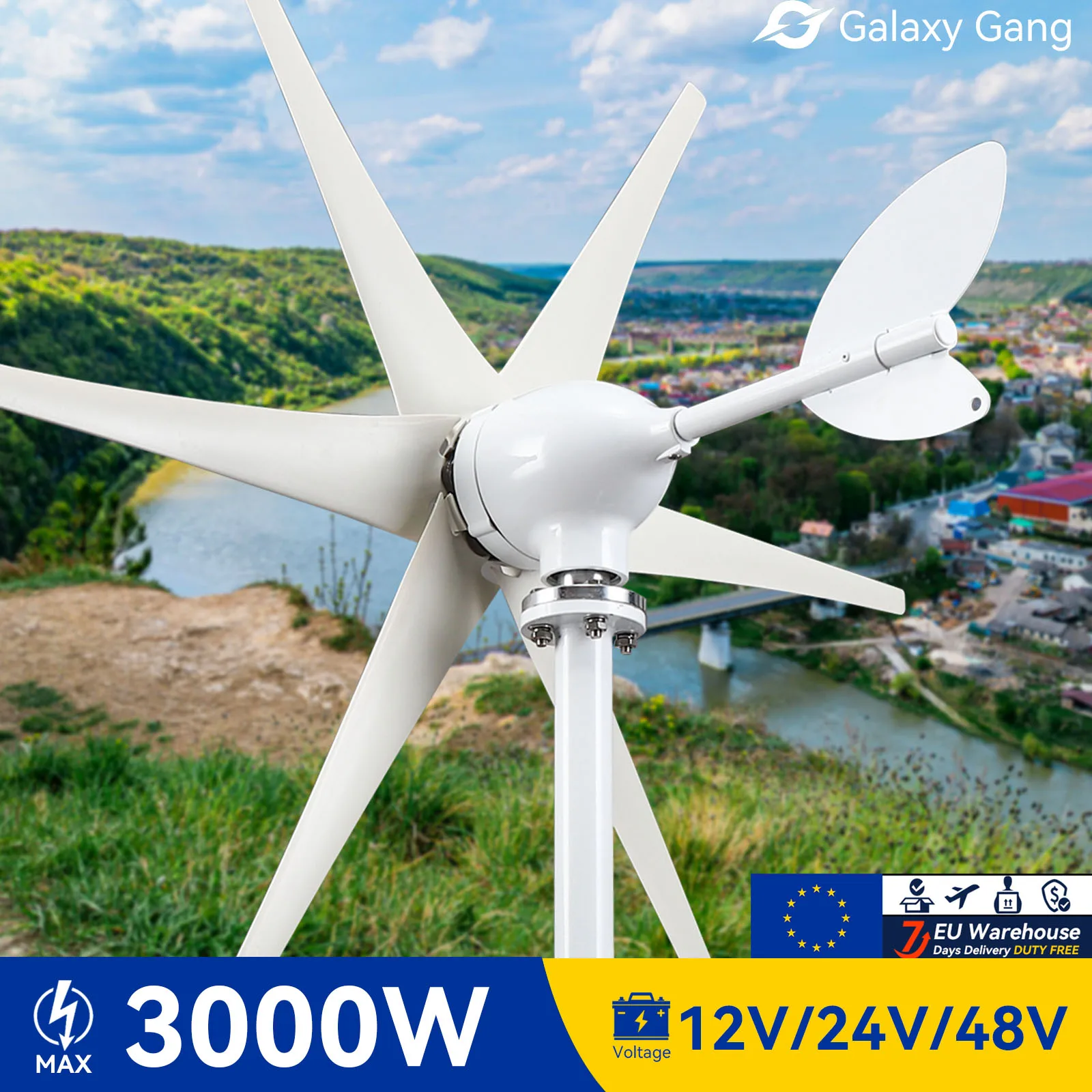 Galaxy Gang 3KW 3000w Wind Electric Generator Turbine Kit Power 12v 24v 48v Off Grid System Mppt Hybrid system Model-GGS7
Galaxy Gang 3KW 3000w Wind Electric Generator Turbine Kit Power 12v 24v 48v Off Grid System Mppt Hybrid system Model-GGS7