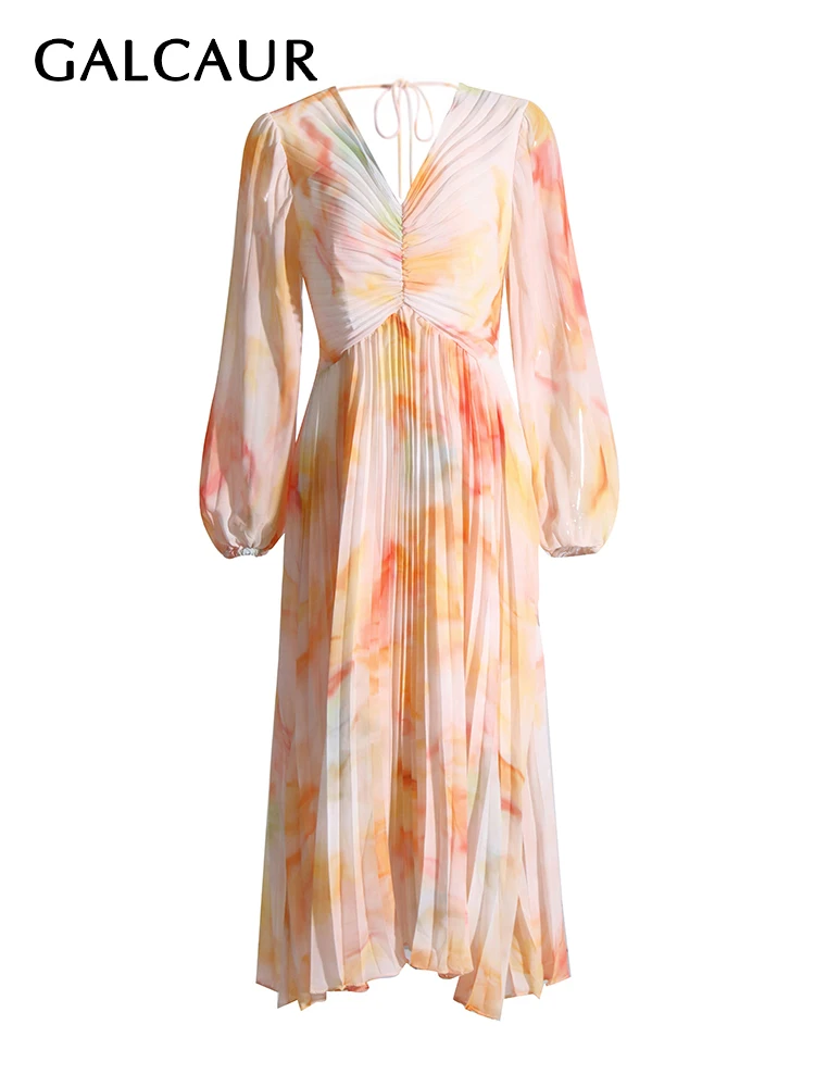 

GALCAUR Backless Print Dresses For Women V Neck Lantern Sleeve High Waist Slim Colorblock Spliced Lace Up Pleated Dress Female