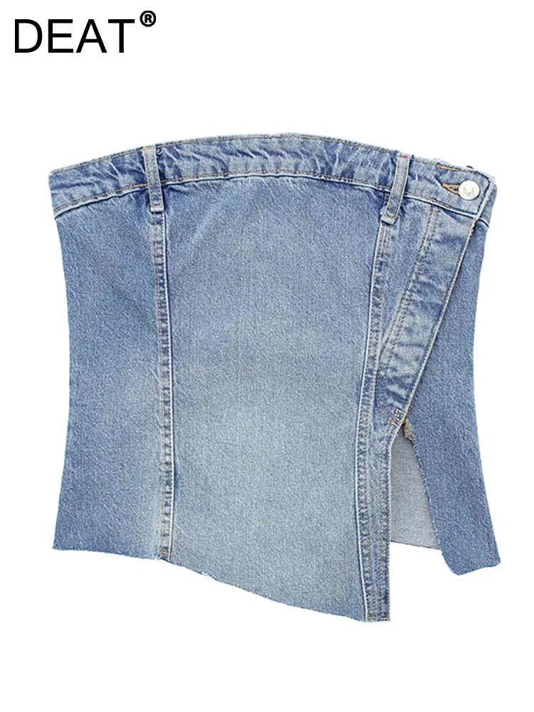DEAT Women's Denim Short Tank Tops Strapless Patchwork Asymmetrical Slim Split Light Blue Camis 2023 Summer New Fashion 29L2371 
DEAT Women's Denim Short Tank Tops Strapless Patchwork Asymmetrical Slim Split Light Blue Camis 2023 Summer New Fashion 29L2371