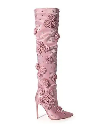 

Модные женские розовые шелковые Высокие Сапоги выше колена с объемными розами, украшенные кристаллами и стразы, с острым носком, на тонком каблуке