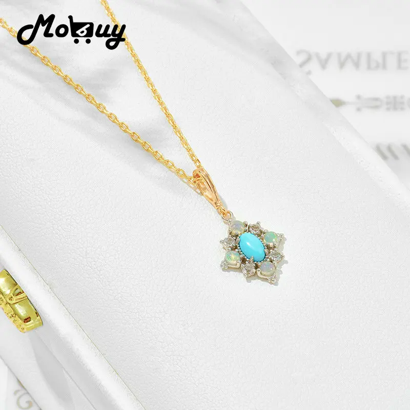

MoBuy Luxury Vintage Gemstone Pendant Necklace For Women Natural Opal Topaz Turquoise 925 Sterling Silver Gold Plated Jewelry