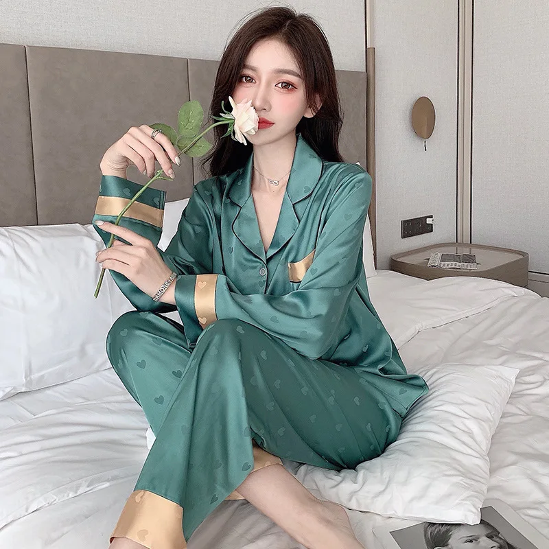 

QWEEK Satin Designer Clothes Women Luxury Sleepwear Cardigan Pajama Summer 2 Piece Set Trouser Suits Green Golden Nightie