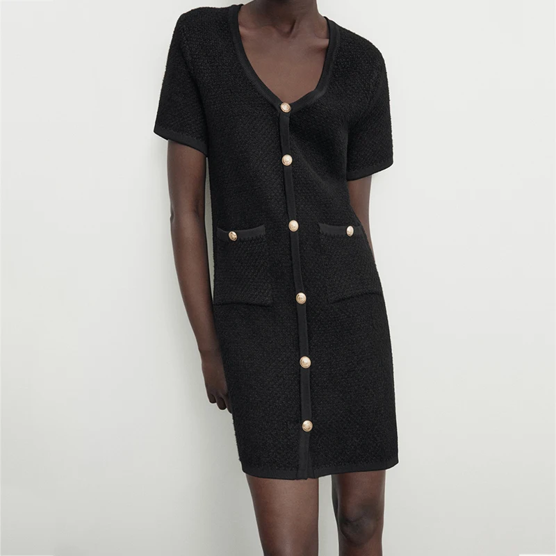 

Новые французские черные короткие платья премиум-класса с V-образным вырезом для ранней осени